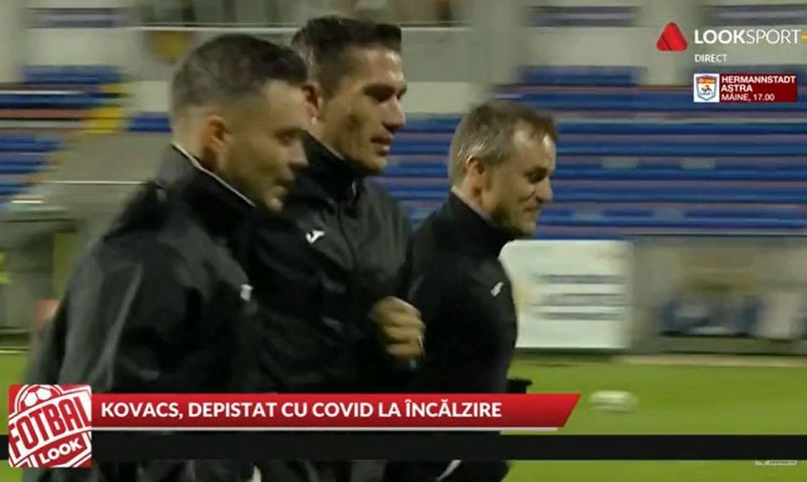 Istvan Kovacs la încălzire înainte de meci. Captură Look Sport+ BOTOȘANI - CRAIOVA. Arbitrul Istvan Kovacs a aflat cu doar 10 minute înainte de meci că are coronavirus: „Am avut inspirația să verific mailul”