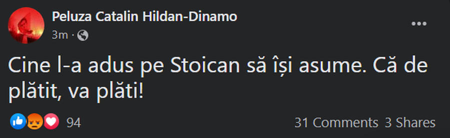 Captură Facebook Începe un nou scandal la Dinamo! PCH, mesaj amenințător, după demiterea lui Rednic: „Vei plăti!”