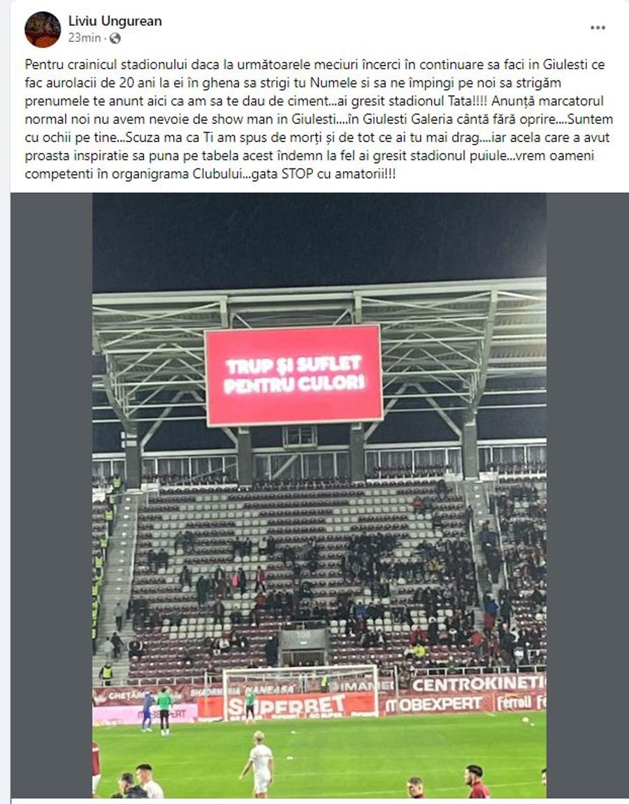 „Puiule, dau cu tine de ciment!” » Șeful galeriei de la Rapid, amenințări pentru crainicul stadionului! Mesajul de pe tabelă care i-a înfuriat pe ultrași