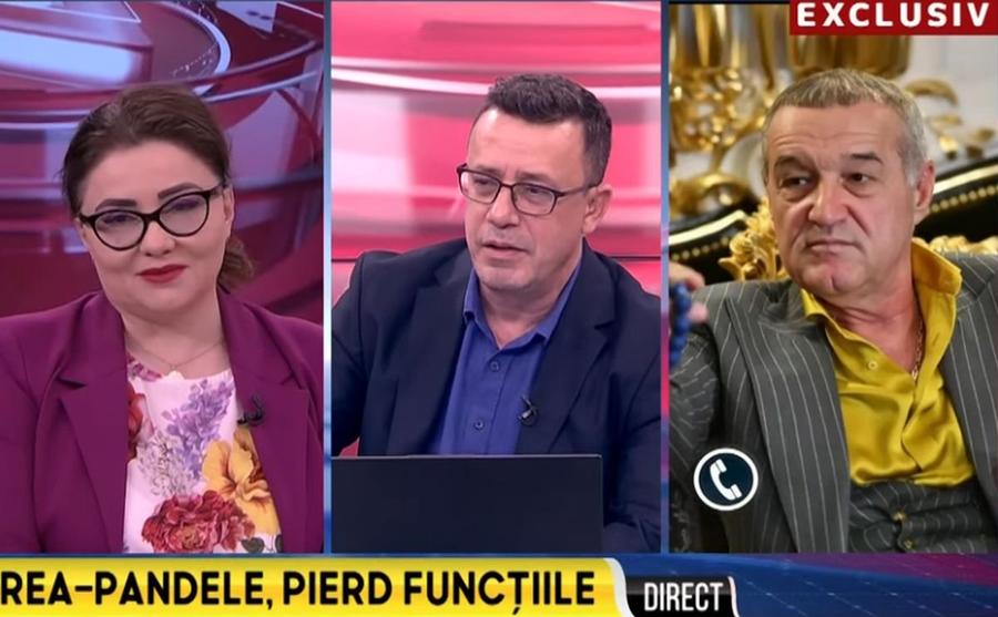 În stânga, Cristina Trăilă, în timpul intervenției lui Gigi Becali la România TV Gigi Becali, rafală sexistă la TV: „Femeia e făcută să fie stăpânită, nu să stăpânească! O iau de mână și o dau afară” » Rumoare în studio: „Doamne ferește!”