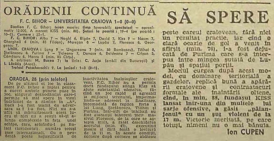 Cronica meciului FC Bihor - U Craiova 1-0, semnată în ziarul „Sportul” de reputatul cronicar Ion Cupen Acesta e „meciul cu 4-5 cojoace Alain Delon” pentru Craiova Maxima: eșec lamentabil cu ultima clasată! + „Contraatacuri formale ale înaintării oltene”