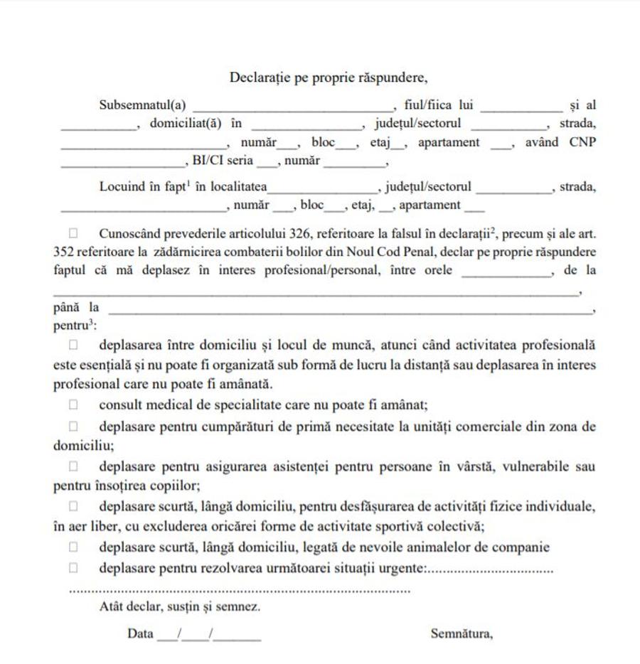 MAI a publicat modelul declarației pe propria răspundere prin care poți părăsi locuința în intervalul 22:00 - 06:00
