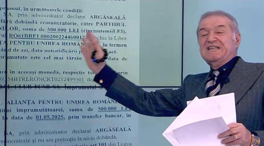 În document sunt vizibile suma împrumutată (500.000 de lei) și numele lui Valeriu Argăseală ca reprezentant al FCSB-ului Gigi Becali a arătat la TV cum s-a folosit de FCSB pentru a împrumuta partidul! » Argăseală a semnat actele