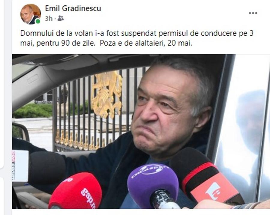 Postarea lui Emil Grădinescu: „Gigi Becali, la volan, la 17 zile de când i-a fost suspendat permisul pentru 3 luni” » Replica patronului FCSB + ce spune legea
