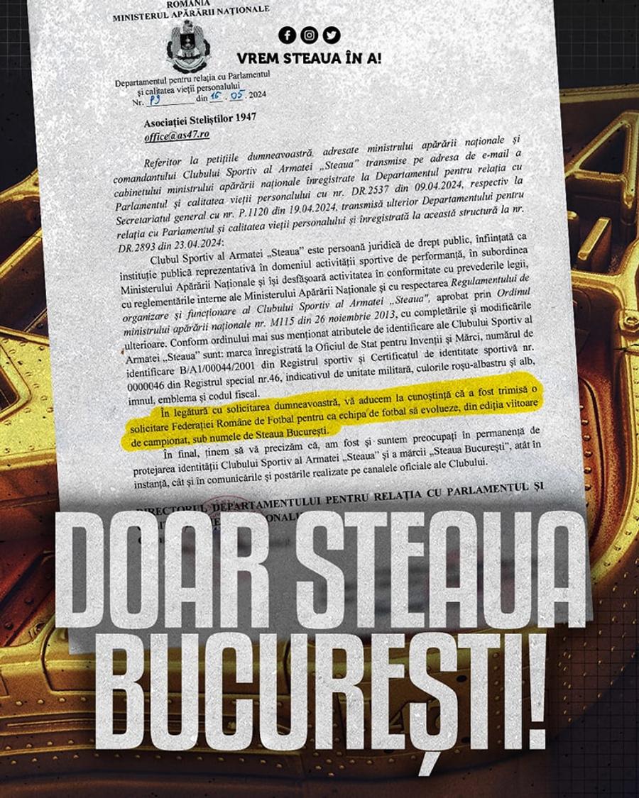FOTO: Facebook @AS47 FRF a primit notificarea » Schimbare MAJORĂ la CSA Steaua din sezonul viitor!