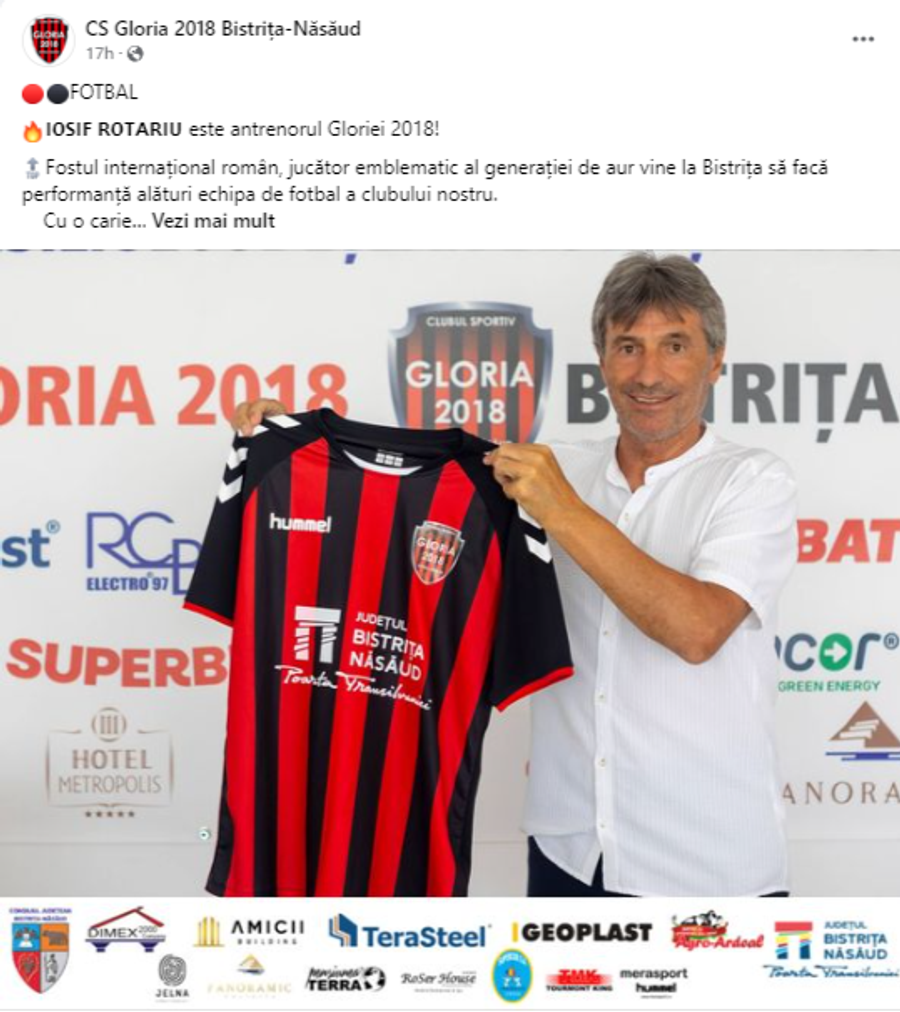 Gloria Bistrița l-a numit pe Iosif Rotariu antrenor Iosif Rotariu, numire surprinzătoare pe banca unei formații cu pretenții: „Vine să facă performanță!”