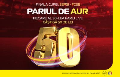 Pariază LIVE la Sepsi - FCSB! Promoția "Pariul de Aur" te ține conectat 90 de minute la finala Cupei României
