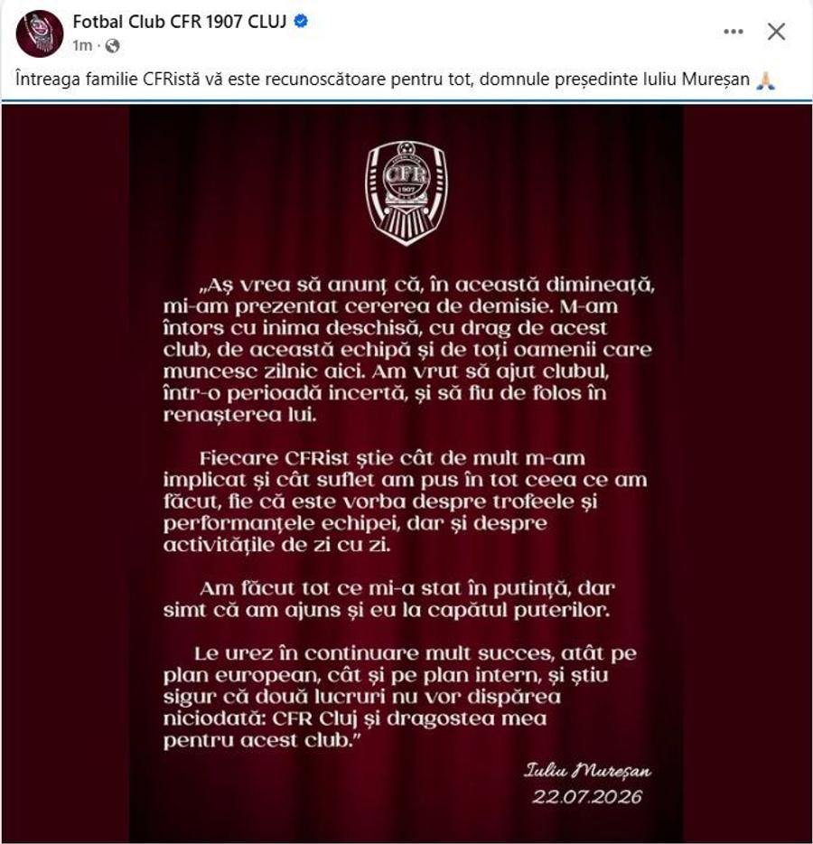 Mesajul lui Iuliu Mureșan, la despărțirea de CFR Cluj / Sursă foto: Facebook CFR Cluj Degringoladă TOTALĂ la CFR Cluj: Iuliu Mureșan și-a dat demisia! „Simt că am ajuns la capătul puterilor”