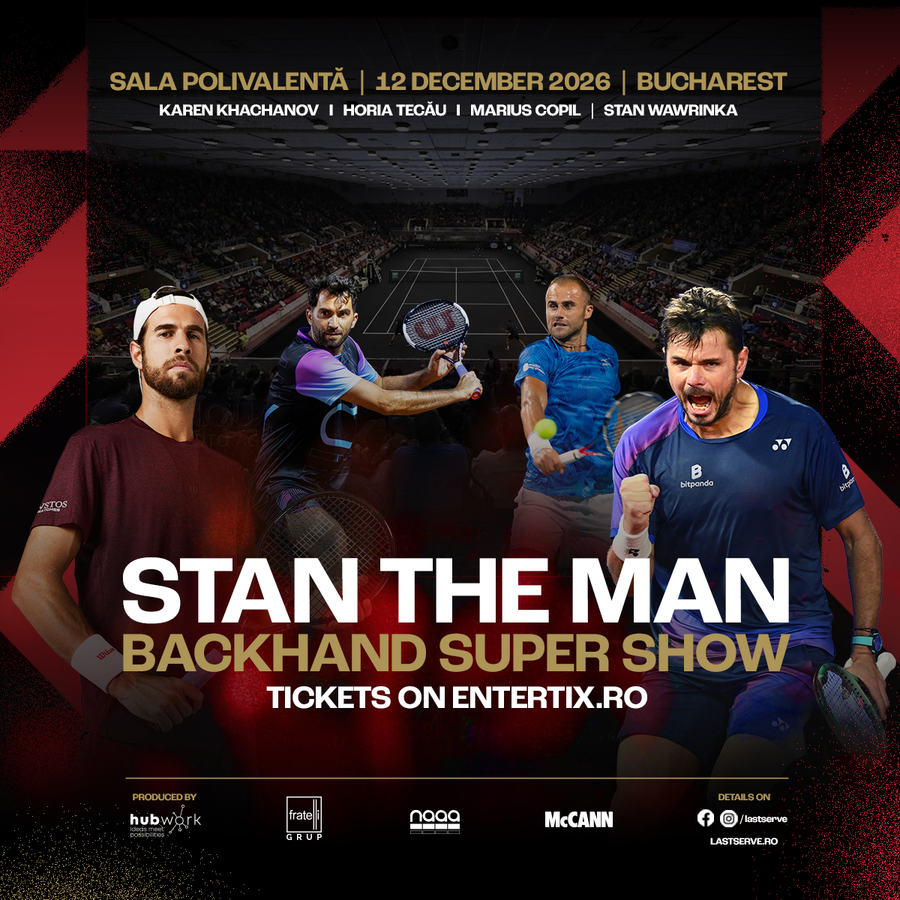 Afișul evenimentului Stan Wawrinka își celebrează cariera într-un meci demonstrativ la București, alături de Karen Khachanov, Horia Tecău și Marius Copil