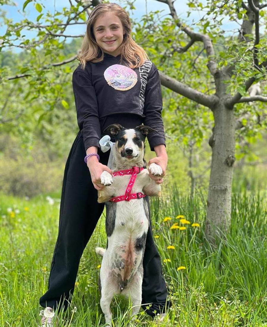 Cu unul dintre cățeii săi Sabrina, tânăra gimnastă cu visuri mărețe: „Vreau să devin campioană olimpică la Paris!” » Mama, Camelia Voinea, o călăuzește: „A suferit foarte mult. Fără mine, s-ar fi lăsat”