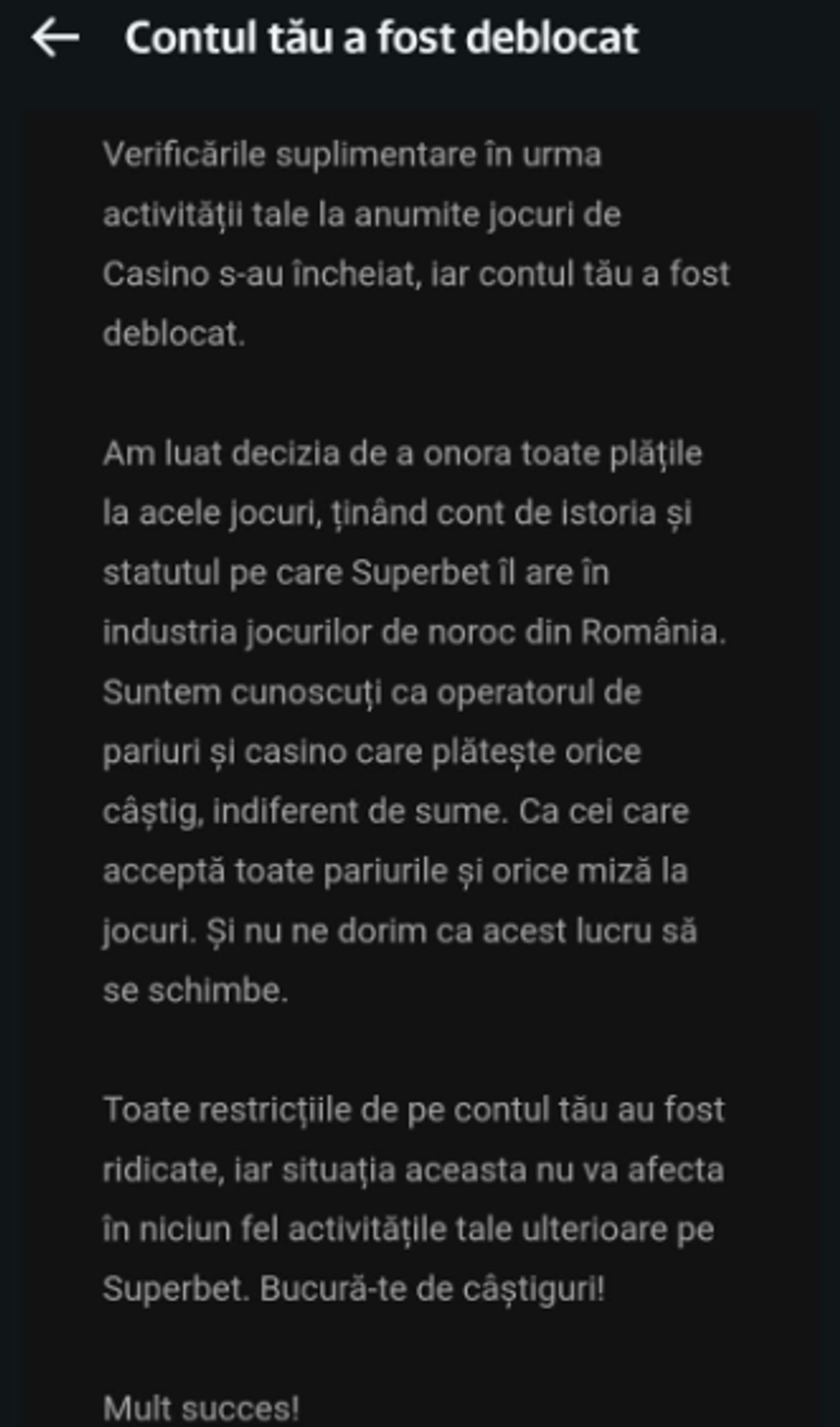 Mesajul primit pe conturile care inițial au fost blocate Superbet, pierdere de 30 de milioane de euro din cauza unei erori din weekend! Dar le-a plătit banii pariorilor