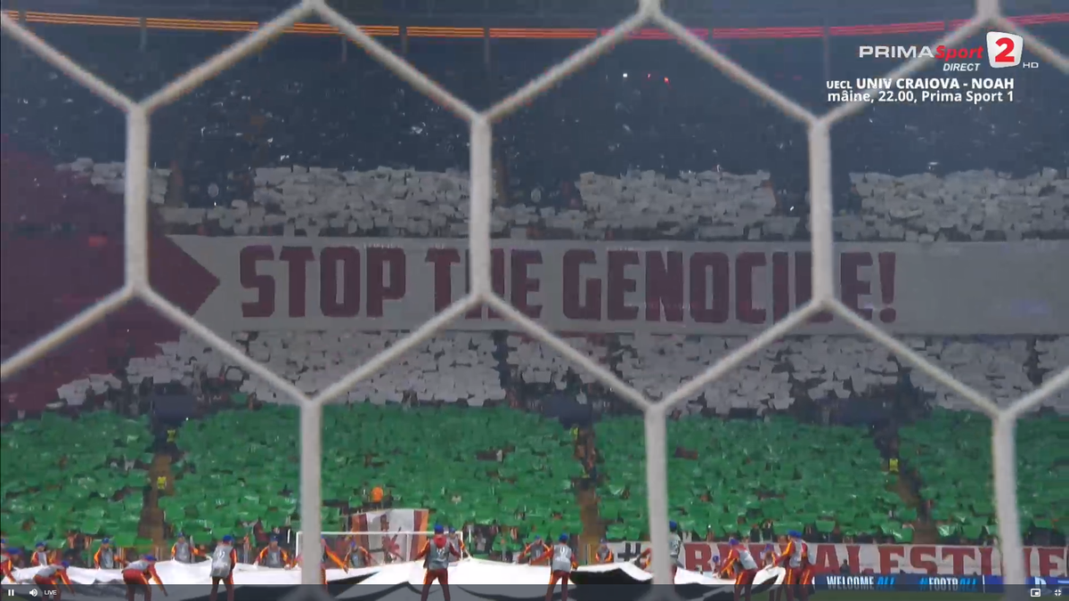 Scenografie pro-Palestina la meciul din Liga Campionilor: „Opriți genocidul!”
