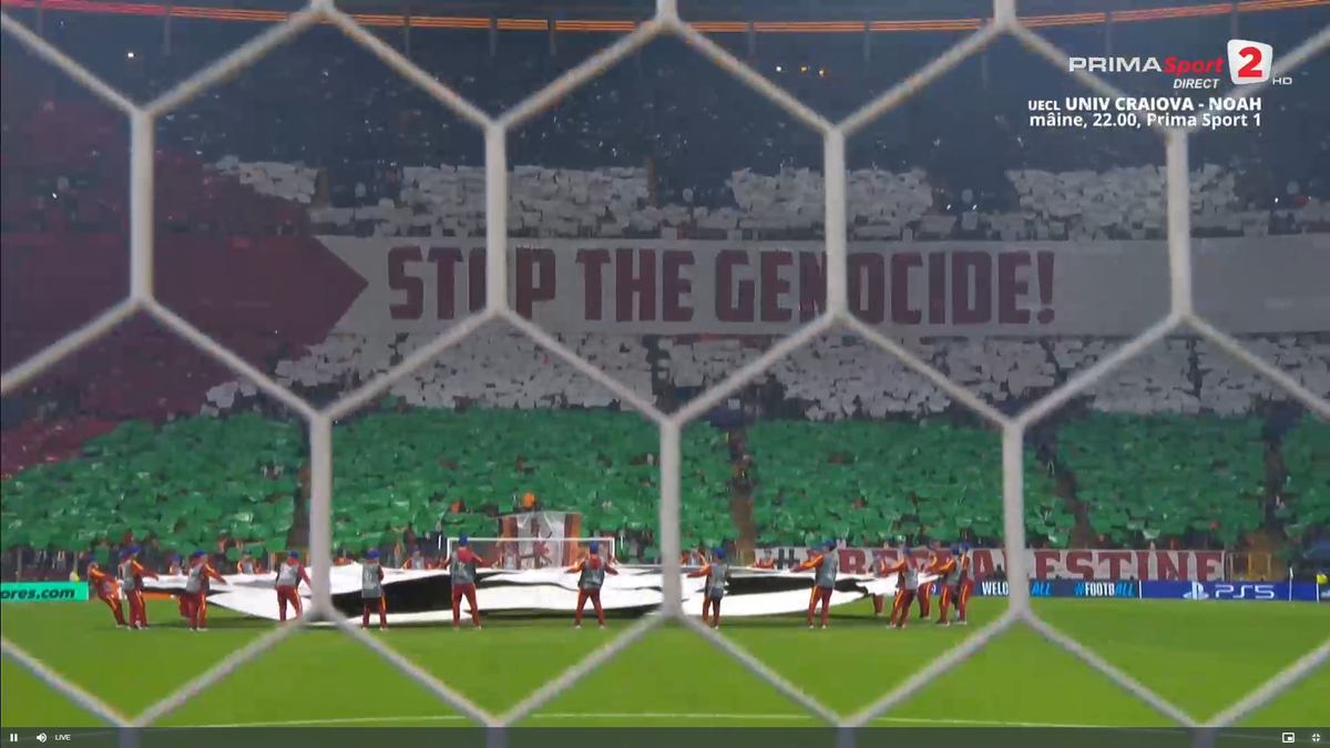 Scenografie pro-Palestina la meciul din Liga Campionilor: „Opriți genocidul!”