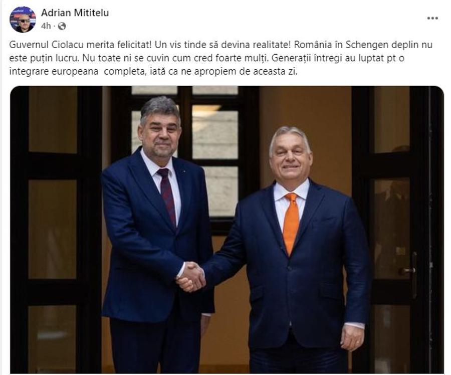 Sursă foto: Facebook Adrian Mititelu România în Schengen de la 1 ianuarie 2025. Reacția lui Adrian Mititelu la adresa lui Marcel Ciolacu
