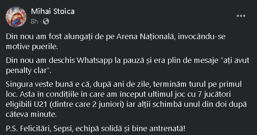 FCSB. MM Stoica atacă: „Am fost alungați din nou” » Ce mesaje a primit la pauză cu Sepsi