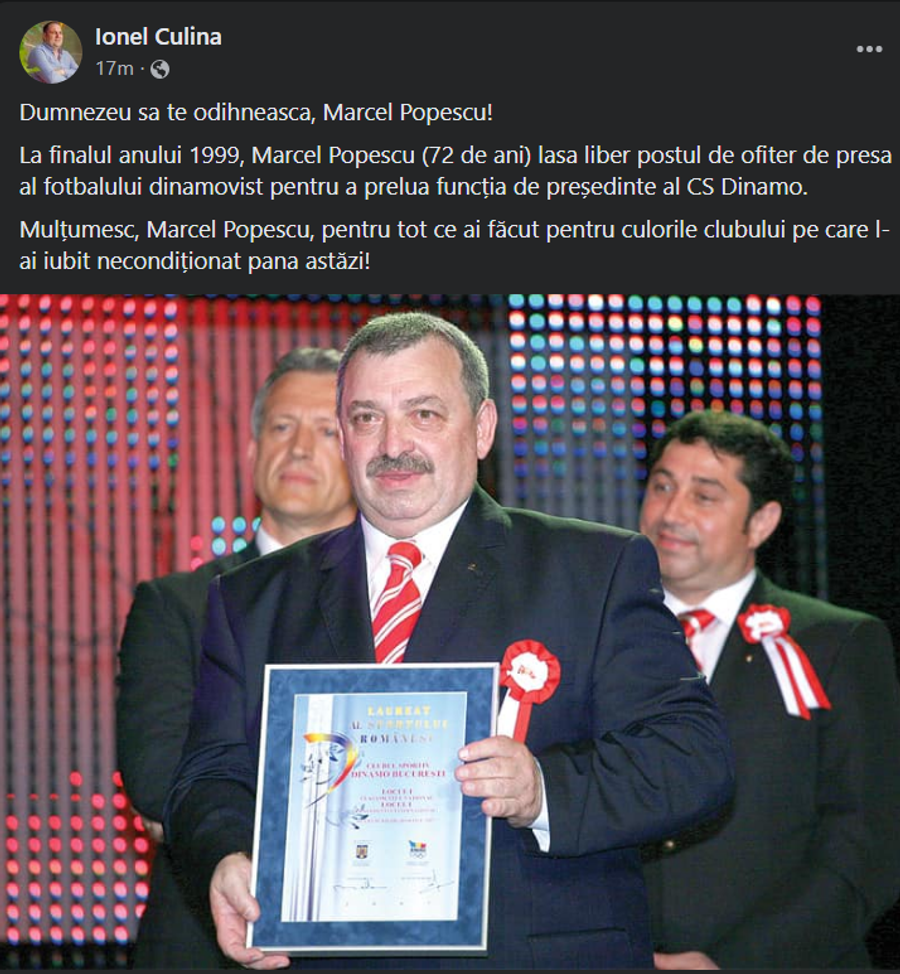Mesajul postat pe Facebook de Ionel Culina, ofițerul de presă din prezent al lui Dinamo A murit Marcel Popescu, fostul președinte al CS Dinamo