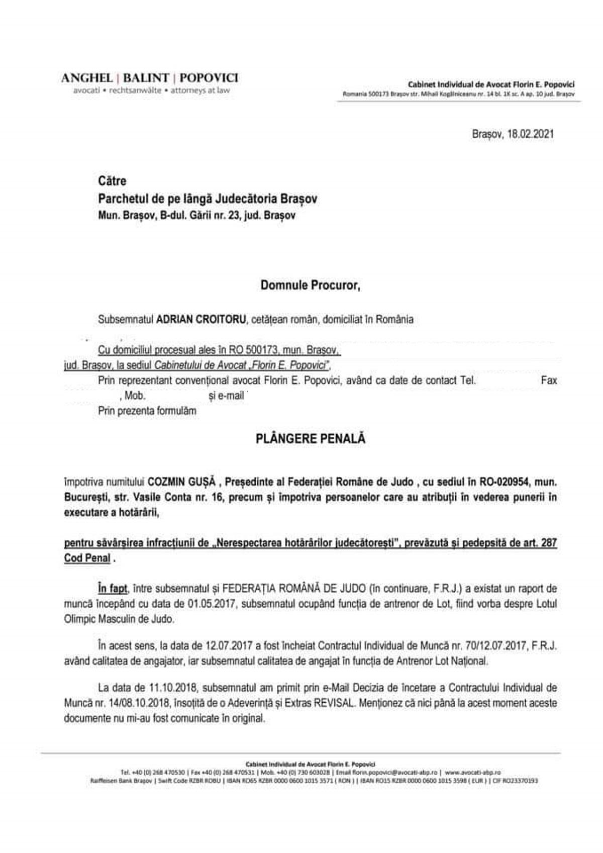 EXCLUSIV Continuă scandalurile la judo: plângere penală împotriva lui Cozmin Gușă! Riscă închisoare de la 3 luni la 2 ani