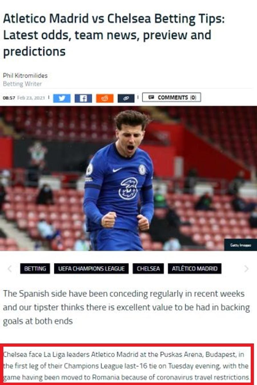 Pasaj din articolul de pe goal.com Gafă a presei din Anglia, înainte de Atletico Madrid - Chelsea: „Meciul se joacă în România, pe Puskas Arena din Budapesta”
