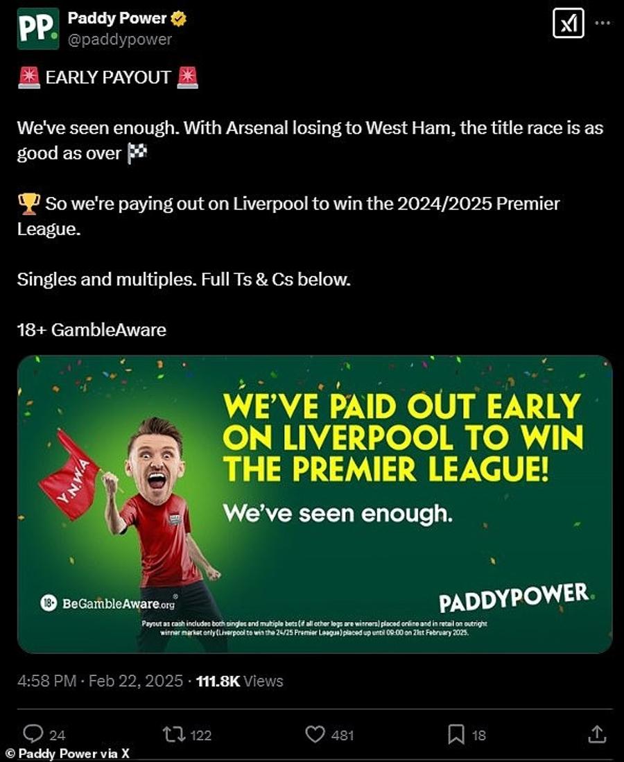 Mesajul casei de pariuri Paddy Power pe „X” „Am văzut destul” » Ce decizie a luat o casă de pariuri după dezastrul lui Arsenal