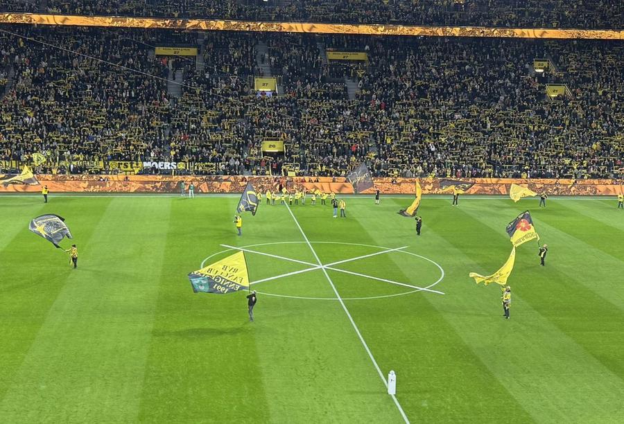 Crucea desenată cu alb în cercul de la centru. Foto: X Borussia se implică în alegerile din Germania » Mesajul apărut pe gazon la startul meciului cu Union