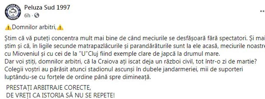 Peluza Sud '97 amenință cu acte de violență, înainte de FC U Craiova 1948 - Farul: „Matrapazlâcurile sunt la ele acasă!”