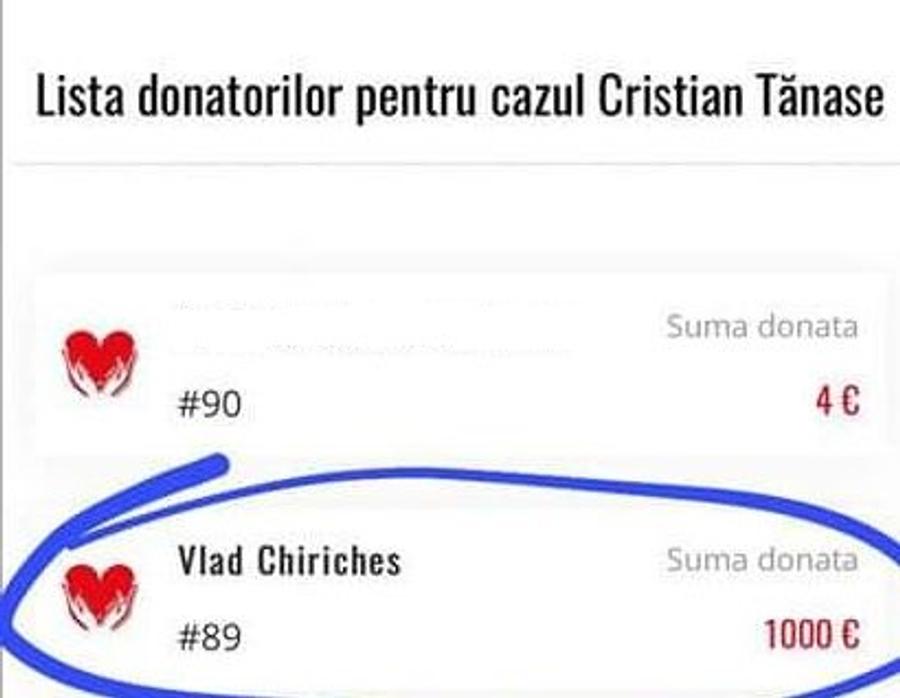 Suma donată de Vlad Chiricheș, după apelul făcut de MM Stoica pe Facebook: „Știu că nu-i va pica bine, dar trebuie să vă arăt”