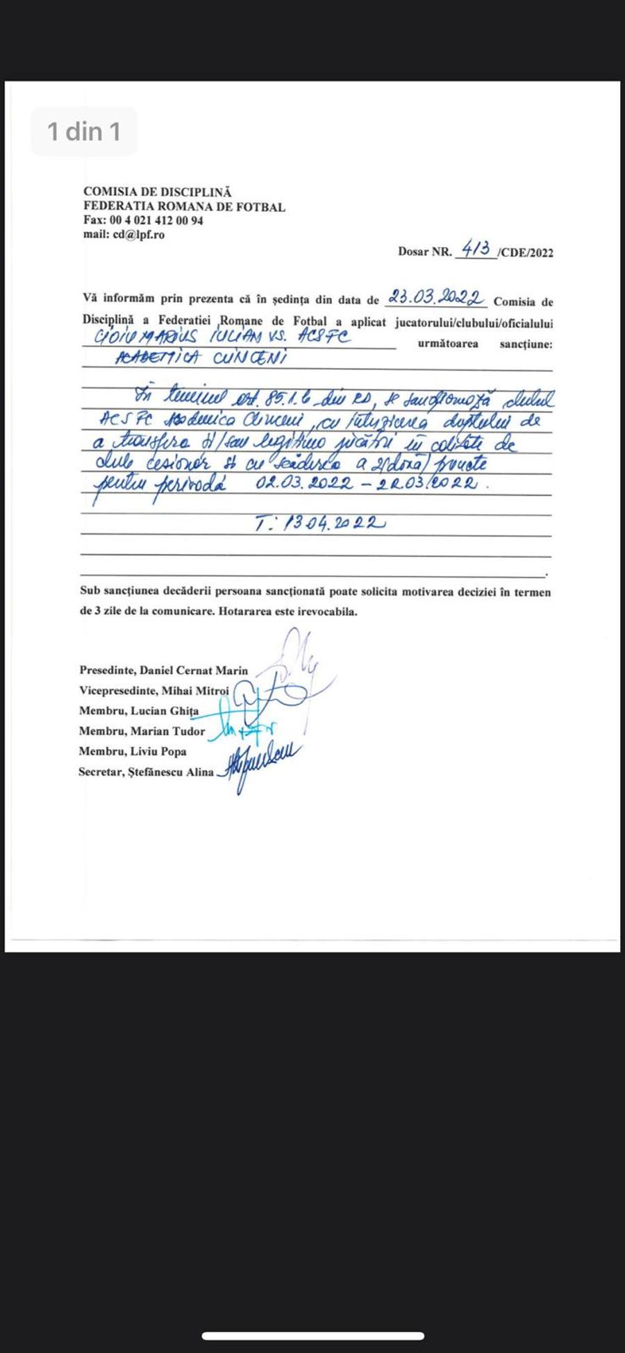Academica Clinceni nu acceptă depunctarea și acuză jocuri de culise: „Nu trebuie să o ajute nimeni pe Dinamo”