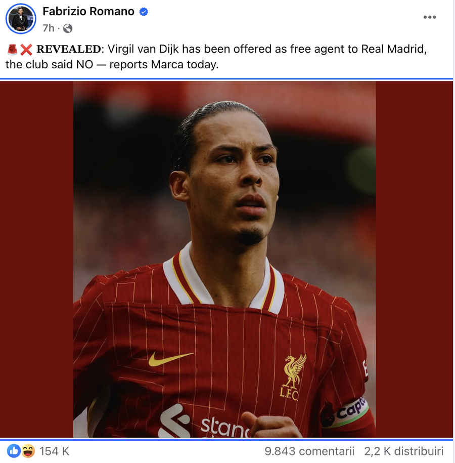 Anunțul făcut de Fabrizio Romano pe pagina sa de Facebook Virgil Van Dijk a fost propus gratis la Real Madrid » Răspunsul „galacticilor” a venit prompt