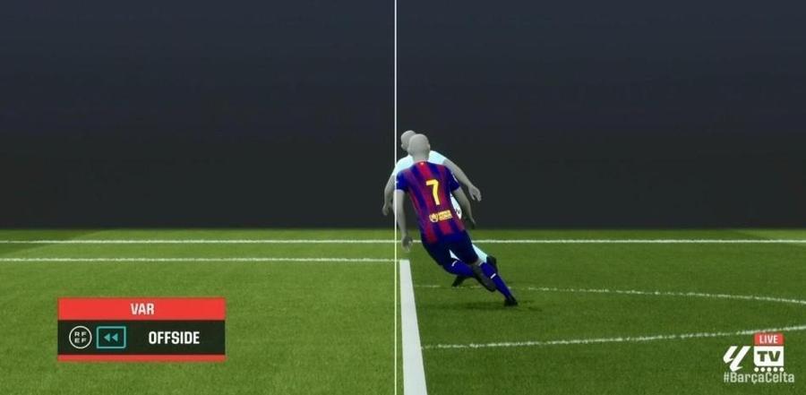 Poziția de ofsaid a lui Ferran Torres (numărul 7) constatată în cabina VAR / FOTO: captură Barcelona a luat „virusul” de la Real Madrid