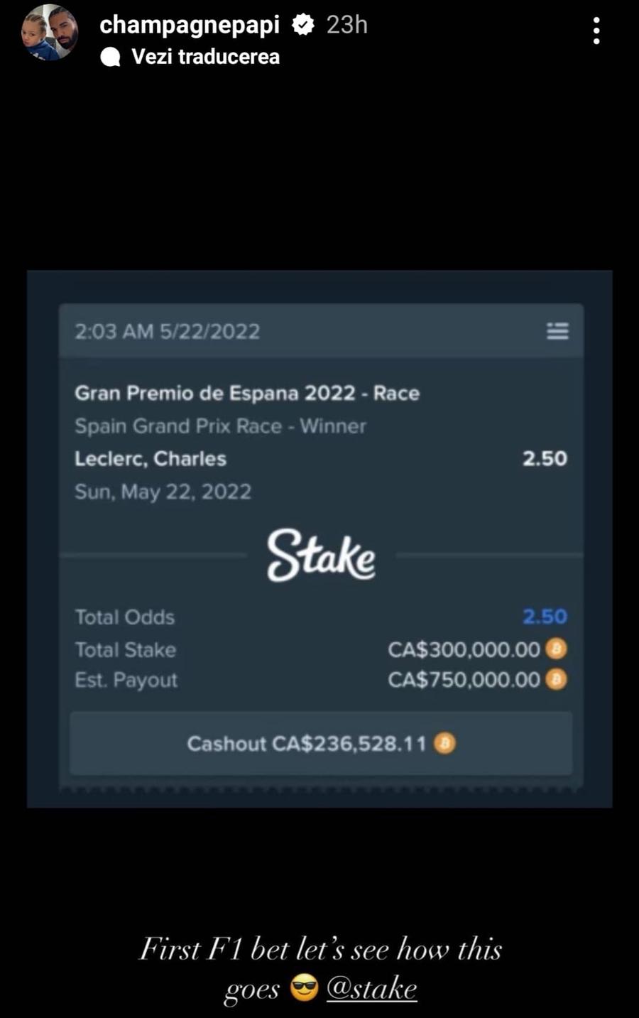 Celebrul rapper Drake a pariat peste 200.000 de dolari pe cursa din Formula 1 » Ce s-a întâmplat
