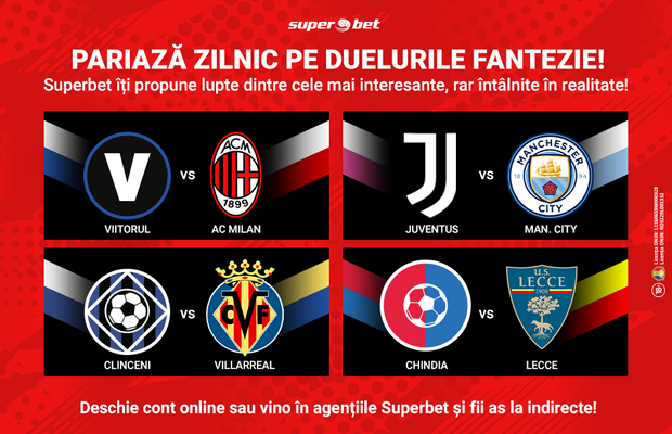 Cauți meciuri deosebite de pariat în fiecare zi? Duelurile Fantezie sunt soluția! La Superbet ai cele mai inedite încrucișări de echipe și derby-uri pe bandă rulantă