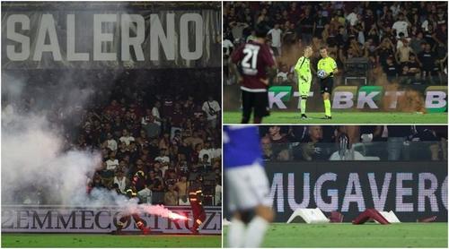 Imagini ale incidentelor de la Salerno. Barajul Salernitana - Samdoria a fost abandonat în minutul 65