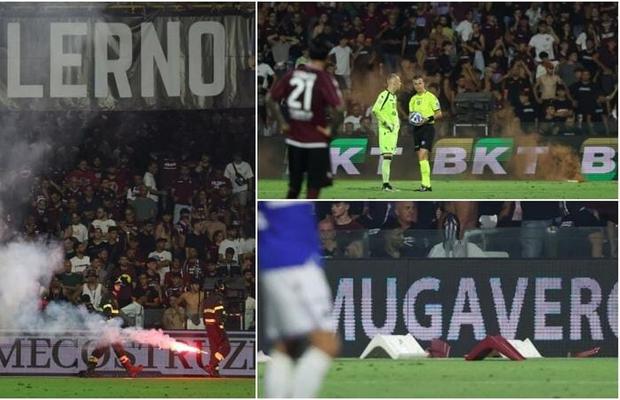 Baraj abandonat la Salerno! Fanii au aruncat cu scaune, fumigene și petarde » Sampdoria rămâne în Serie B