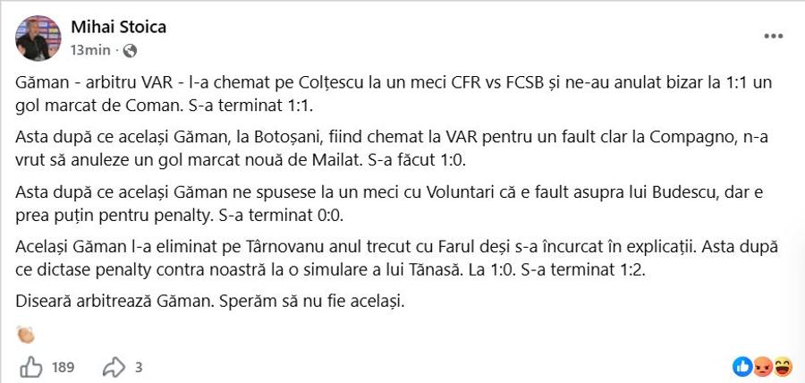 Postarea lui Mihai Stoica / Foto: Facebook MM Stoica a răbufnit după ce a aflat cine arbitrează CFR Cluj - FCSB: „Sper să nu fie același!”