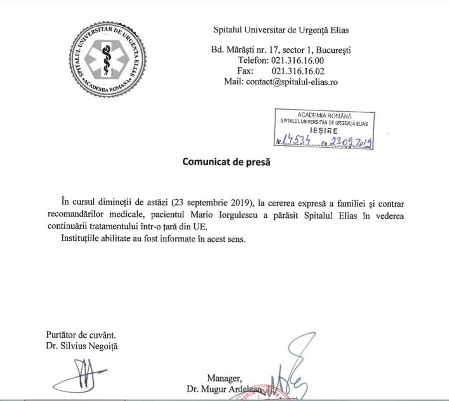 Comunicatul de presă al Spitalului Elias UPDATE Parchetul a emis un comunicat cu privire la transferul lui Mario Iorgulescu la o clinică din străinătate: „Informarea solicitată nu ne-a fost comunicată”