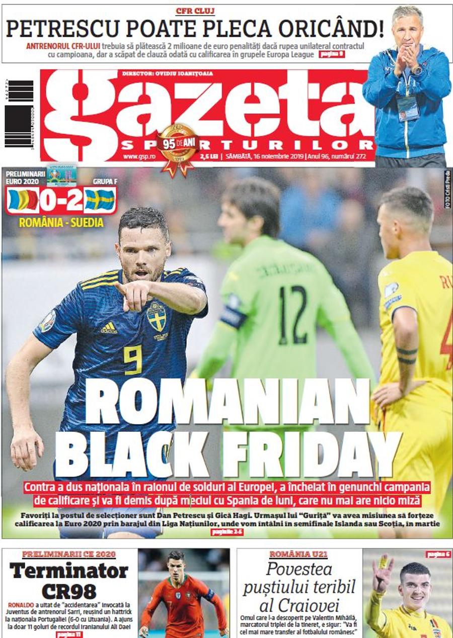 Prima pagină din Gazeta Sporturilor, după România - Suedia 0-2 Atunci au clacat! Ianis Hagi, Stanciu și alți 4 „tricolori” au prins și ultimul meci cu Suedia, în seara în care Isak ne-a acuzat de rasism