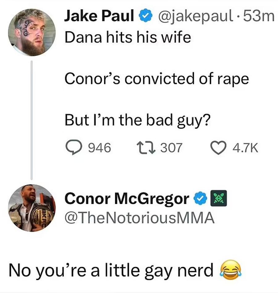 Postarea lui Jake Paul și răspunsul lui Conor McGregor Derapaj pe rețelele sociale între Jake Paul și Conor McGregor: „Ești doar un tocilar mic și gay”