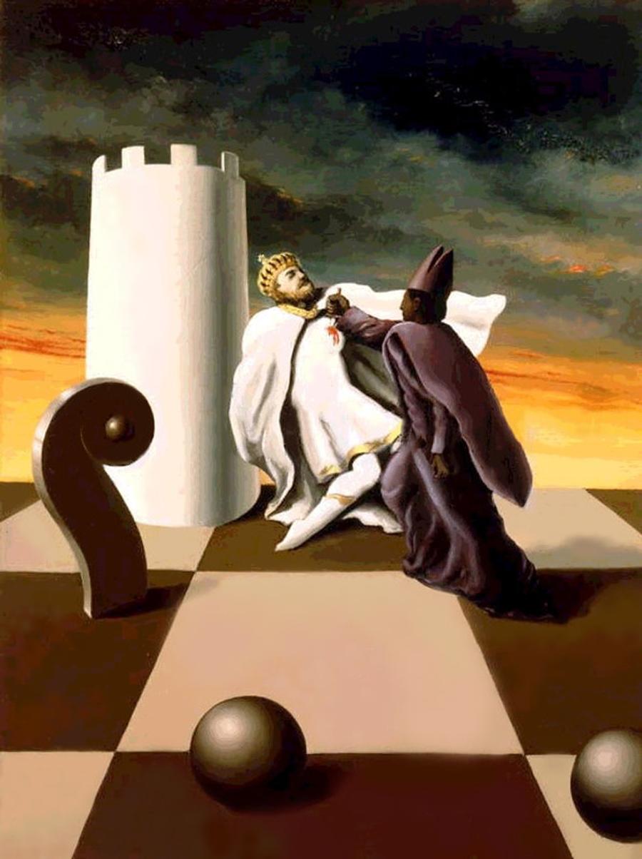 „Le Mat” (1937) Suprarealistul René Magritte a pictat lumi paralele și a fost captivat toată viața de un sport anume: „Orice mutare trebuie să spună o poveste, altfel e mort”