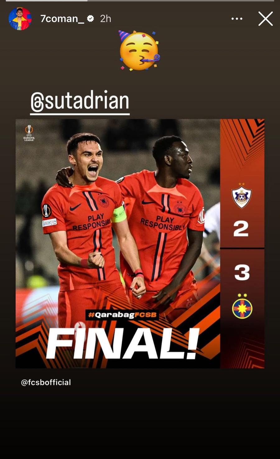 Postarea făcută de Florinel Coman la miezul nopții, imediat după Qarabag - FCSB 2-3