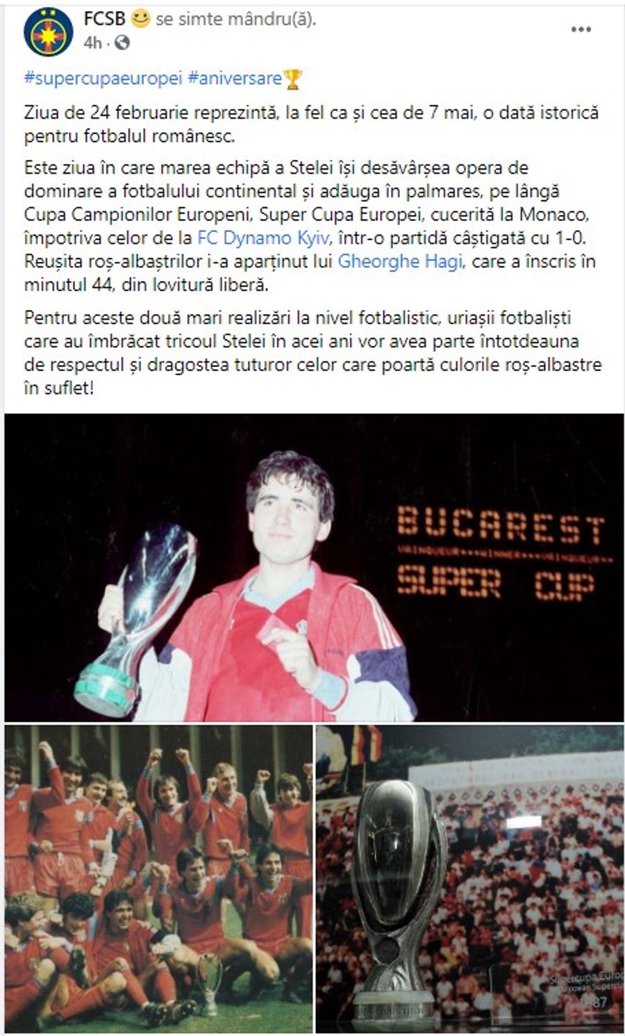 FCSB se laudă pe Facebook cu Supercupa Europei cucerită de Steaua în urmă cu 34 de ani: „O dată istorică pentru fotbalul românesc”