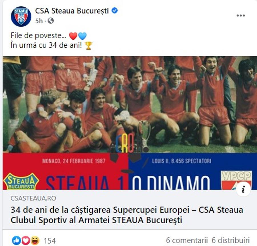 FCSB se laudă pe Facebook cu Supercupa Europei cucerită de Steaua în urmă cu 34 de ani: „O dată istorică pentru fotbalul românesc”