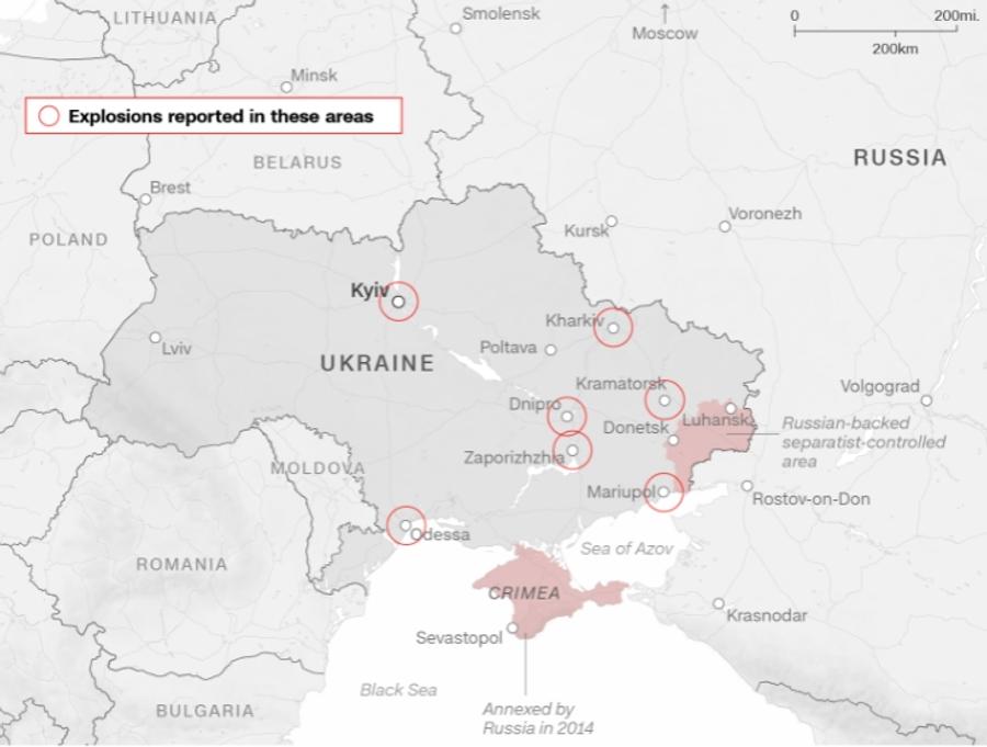Locurile în care au fost raportare explozii, potrivit CNN Rusia a invadat Ucraina » Insula Șerpilor, capturată!