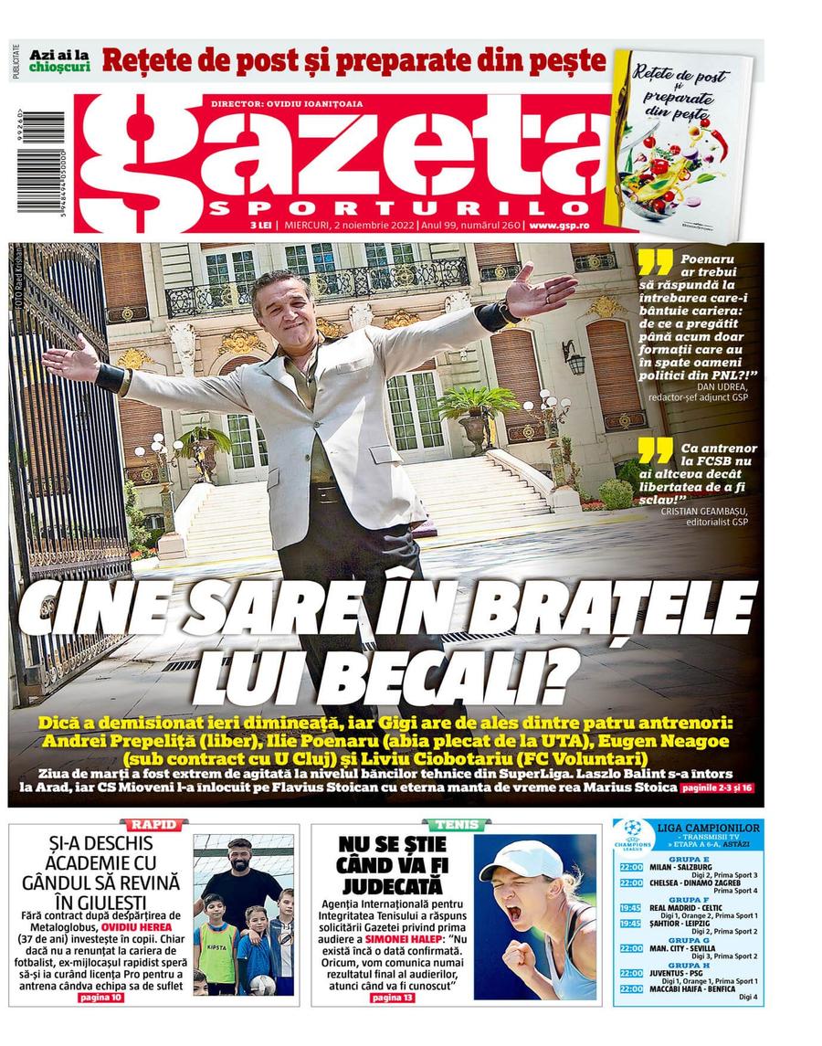Prima pagină a Gazetei din 2 noiembrie 2022 După „Îl vreau la FCSB”, potopul! » Toate cele 4 ținte anunțate de Gigi Becali au luat-o la vale