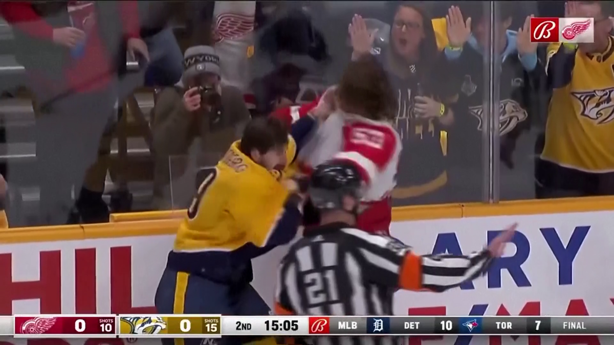 Bătaie pe gheață: Filip Forsberg (Nashville Predators) și Moritz Seider (Detroit Red Wings)