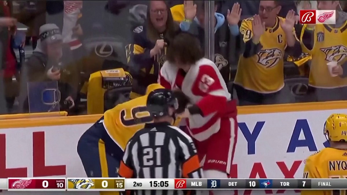 Bătaie pe gheață: Filip Forsberg (Nashville Predators) și Moritz Seider (Detroit Red Wings)