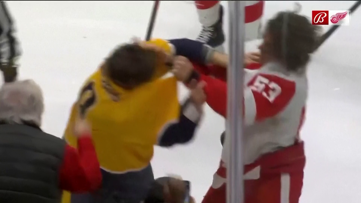 Bătaie pe gheață: Filip Forsberg (Nashville Predators) și Moritz Seider (Detroit Red Wings)