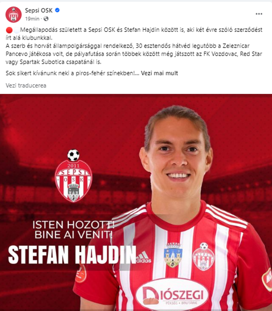 Stefan Hajdin, anunțat oficial de Sepsi Transfer important la Sepsi Sfântu Gheorghe » A adus un jucător trecut pe la Steaua Roșie Belgrad