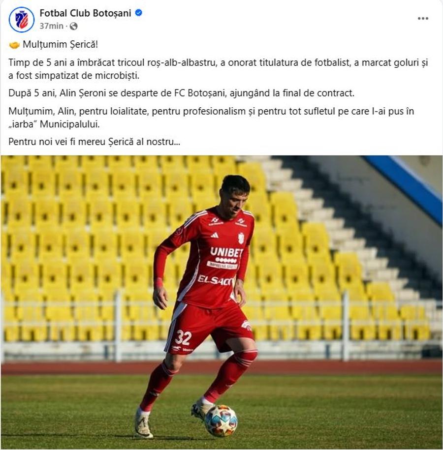 FC Botoșani a anunțat oficial despărțirea de Alin Șeroni / Foto: Facebook Încă un veteran din Superliga pus pe liber, după 5 sezoane la club