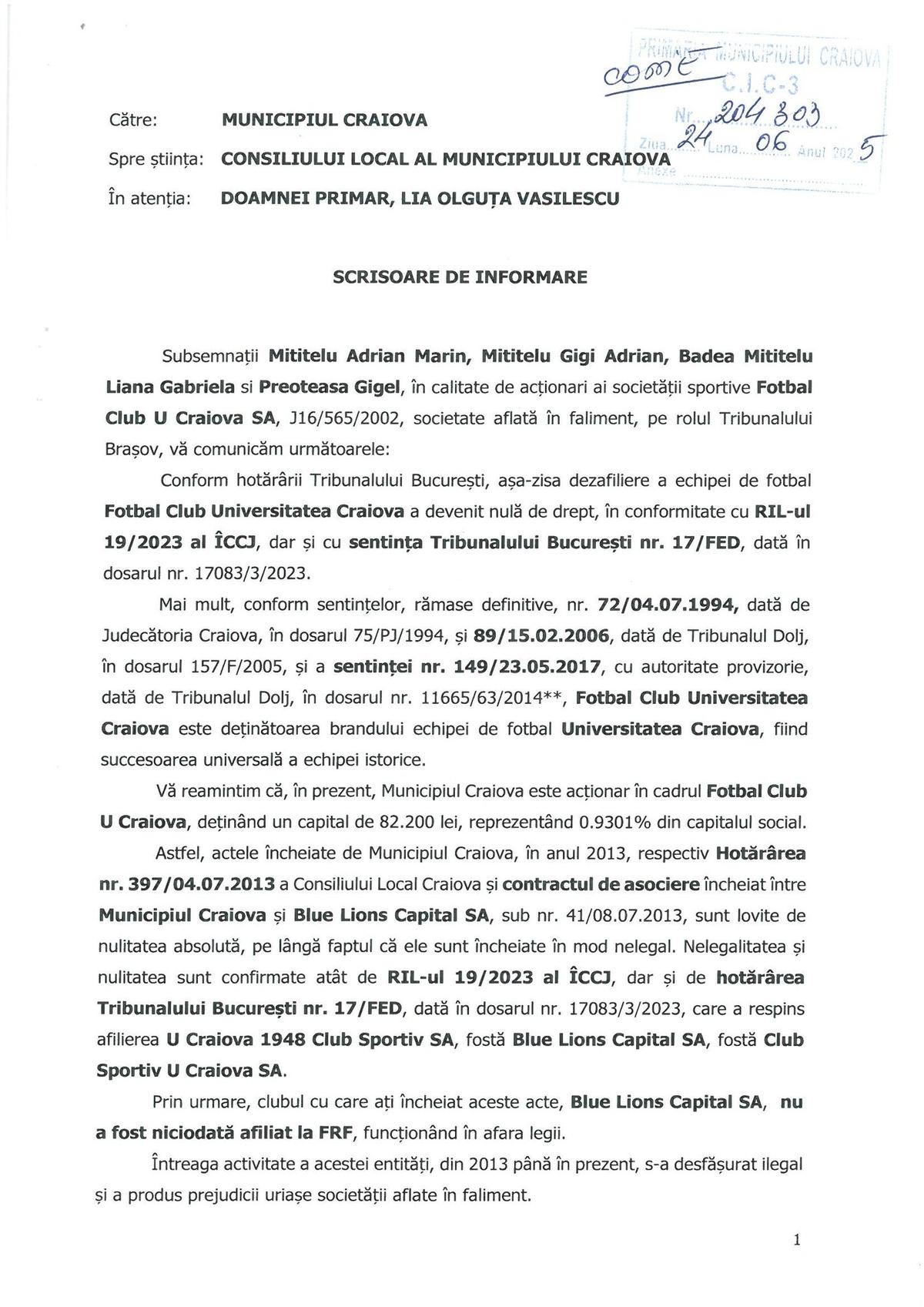Scrisoare FCU Craiova către Primăria Craiova