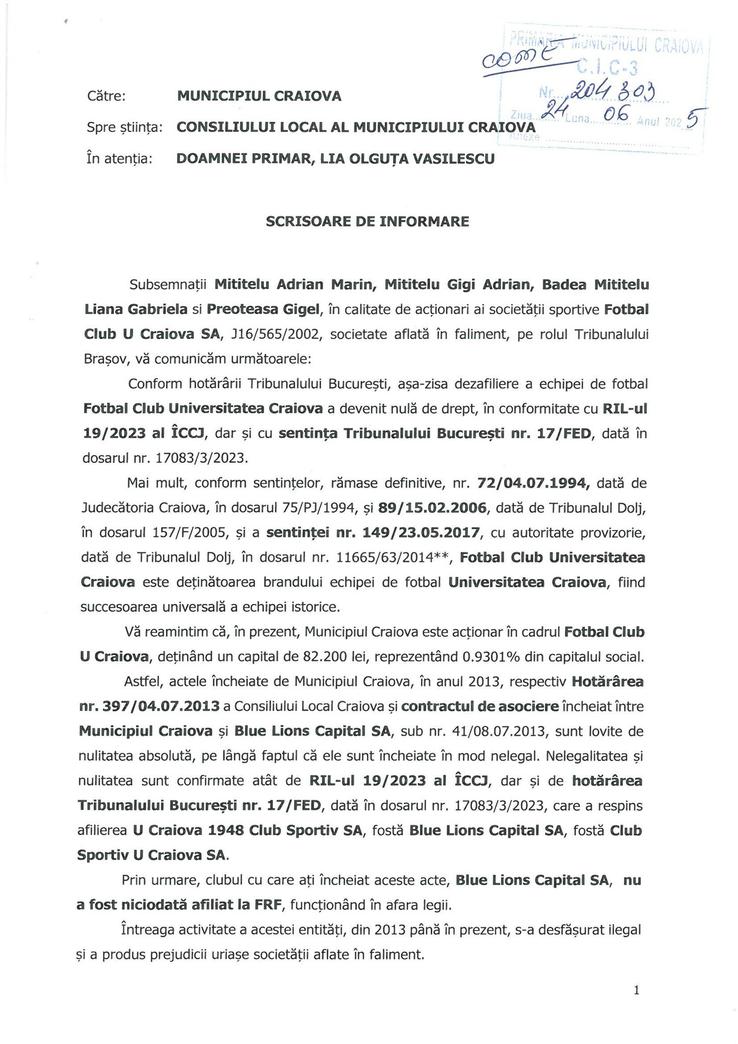 Scrisoare FCU Craiova 1